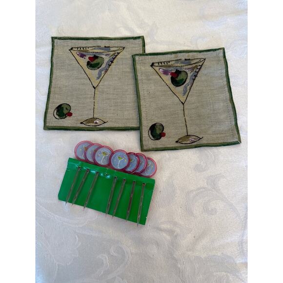 Crate and Barrel Martini coasters - (set of 2) and Martini toothpicks (set of 6) - Picture 1 of 4